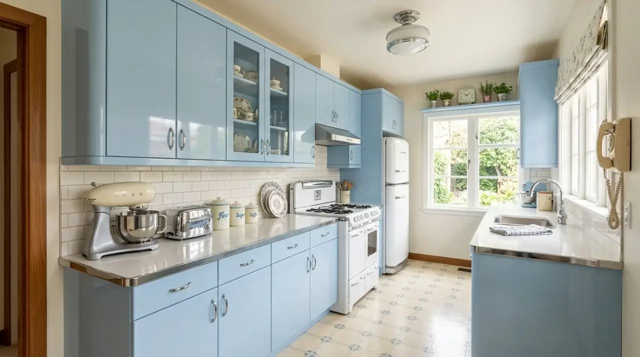 Selective retro kitchen accessories. Nostalgic 1950s kitchen with a few playful vintage accessories.