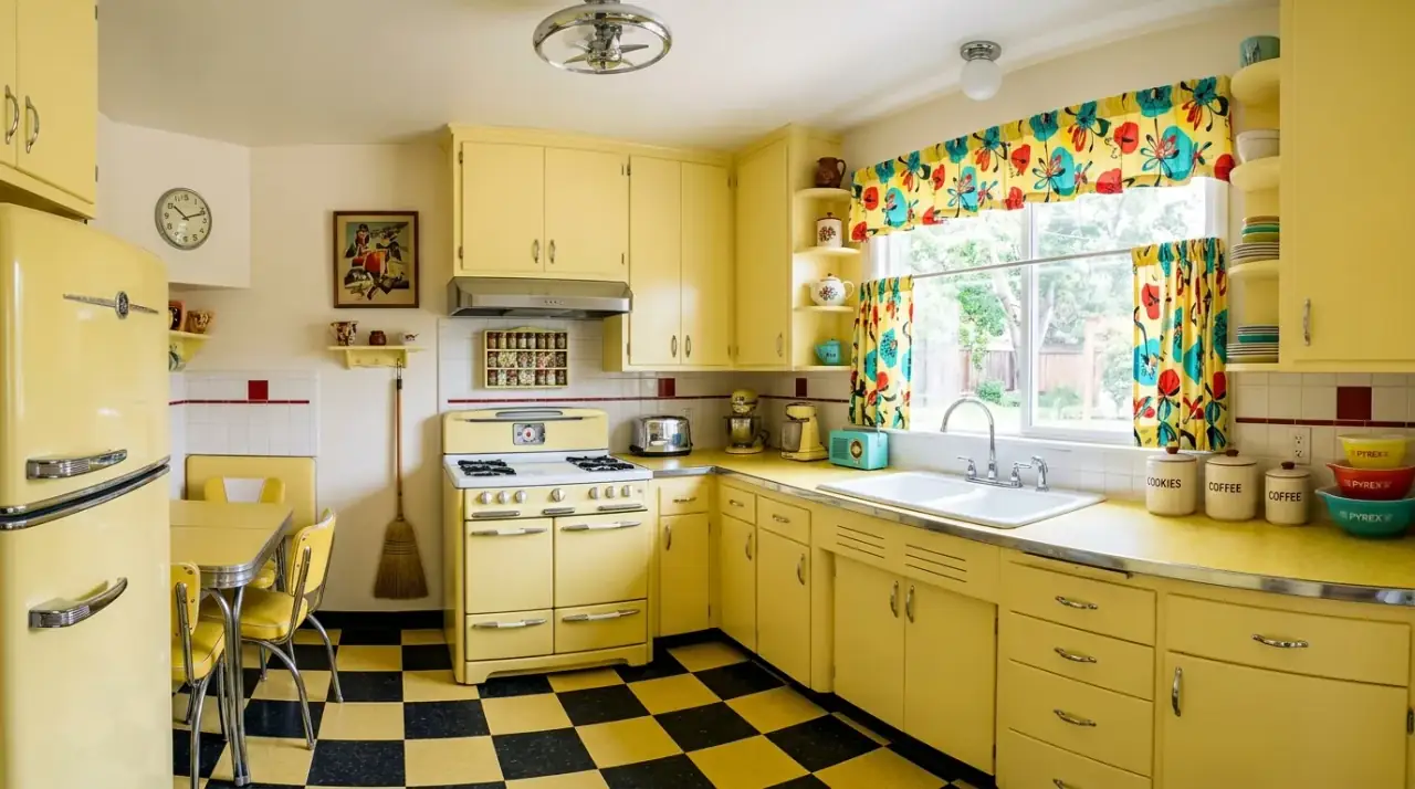 Pastel and red retro kitchen. 1950s revival kitchen pairing pastel tones with bright red accents.