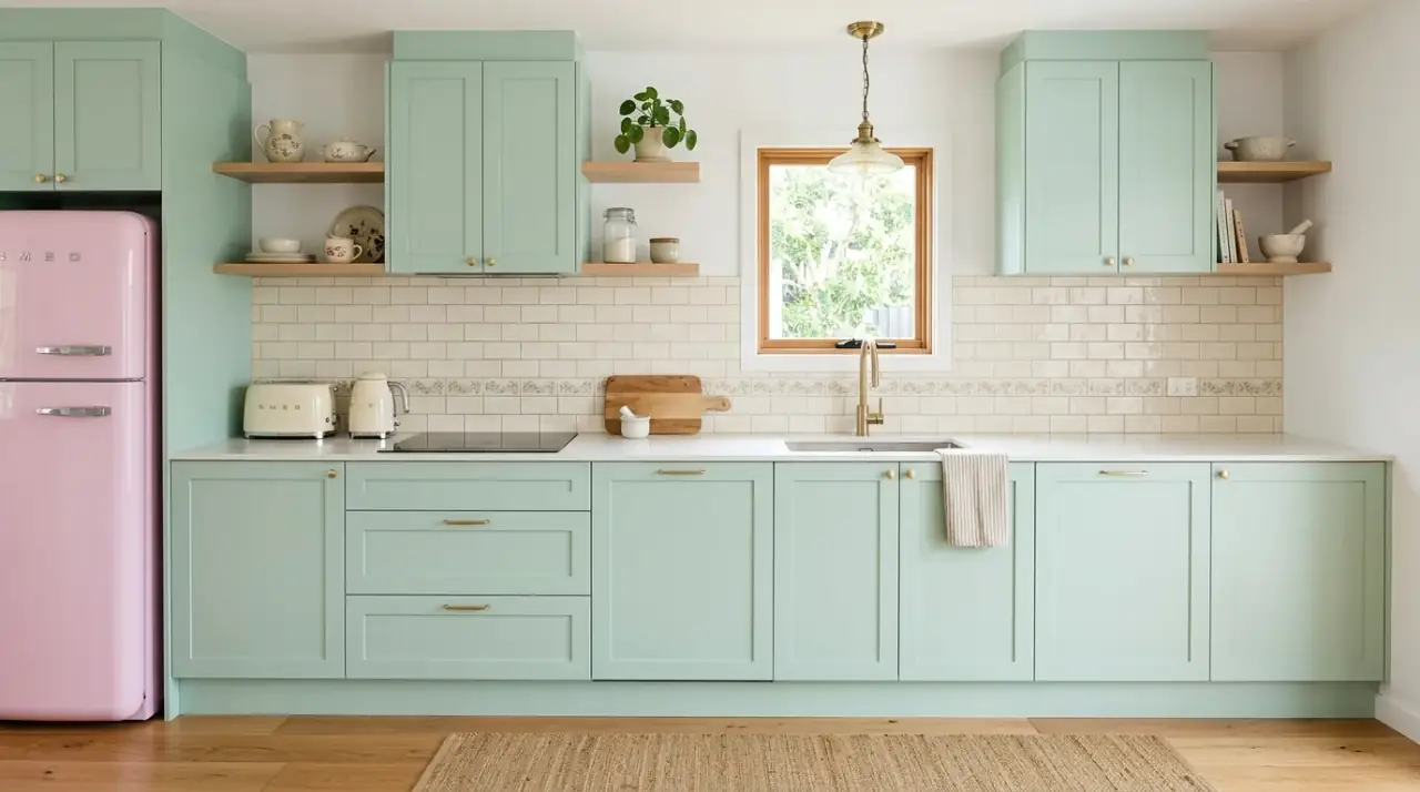 Retro small appliances kitchen. Nostalgic kitchen styled with colorful 1950s inspired small appliances.
