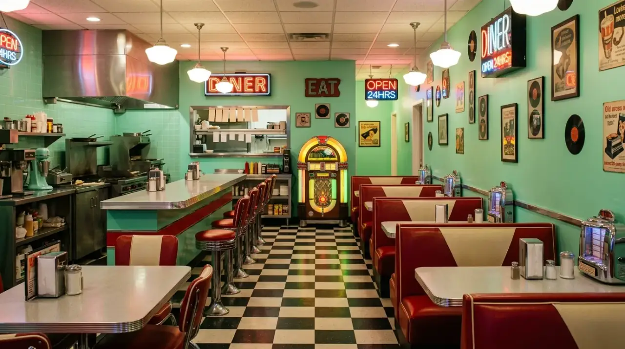 White balance in 1950s kitchen. Retro revival kitchen balanced by white walls or tile.