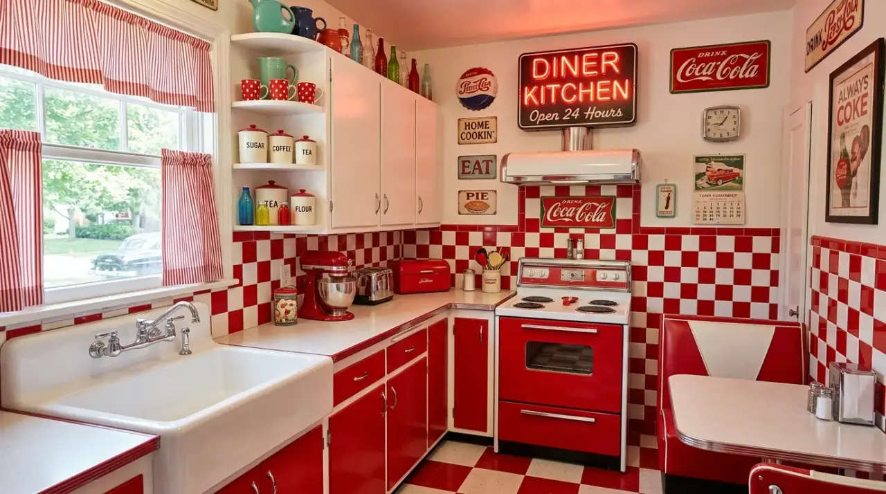 Neat 1950s kitchen styling. Nostalgic retro kitchen kept polished and cheerful rather than distressed.