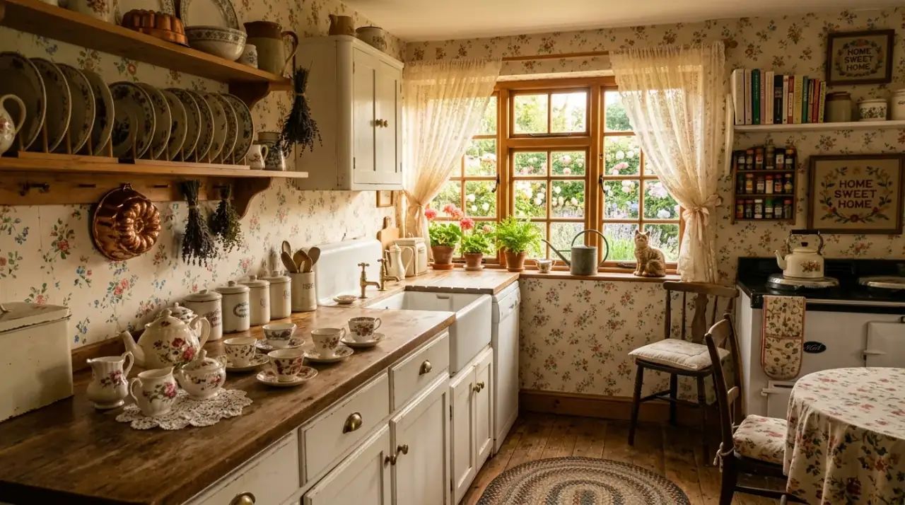 Grandmacore kitchen decor creating a cozy vintage kitchen vibe with nostalgic details.