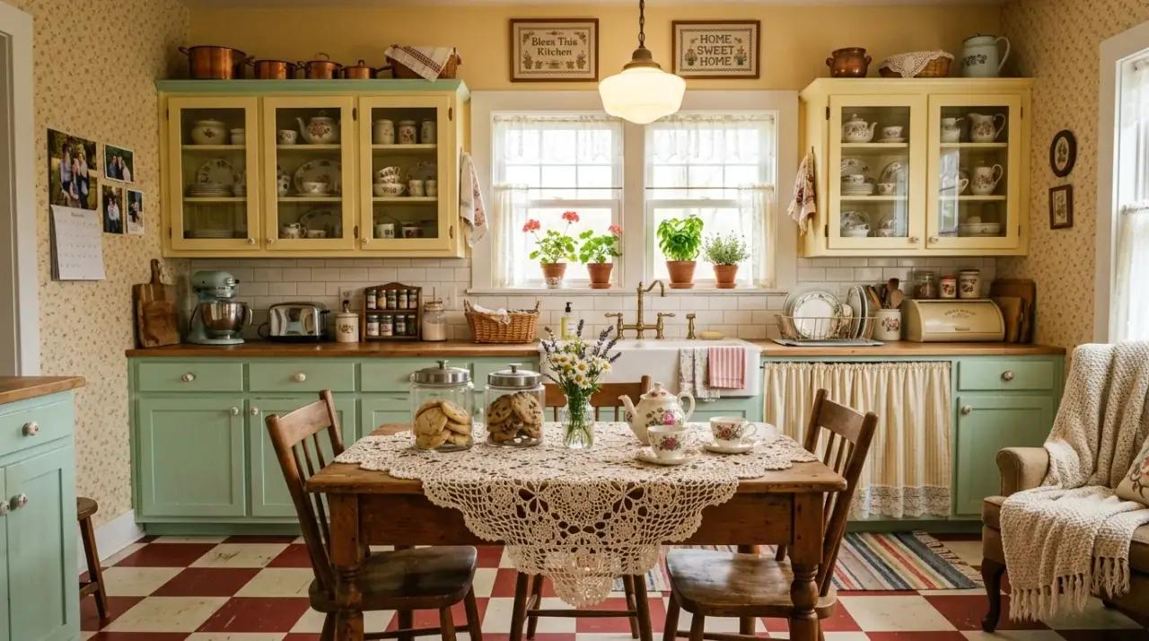 Vintage dishes on kitchen shelves. Collected crockery adding a cozy grandmacore mood to the kitchen.