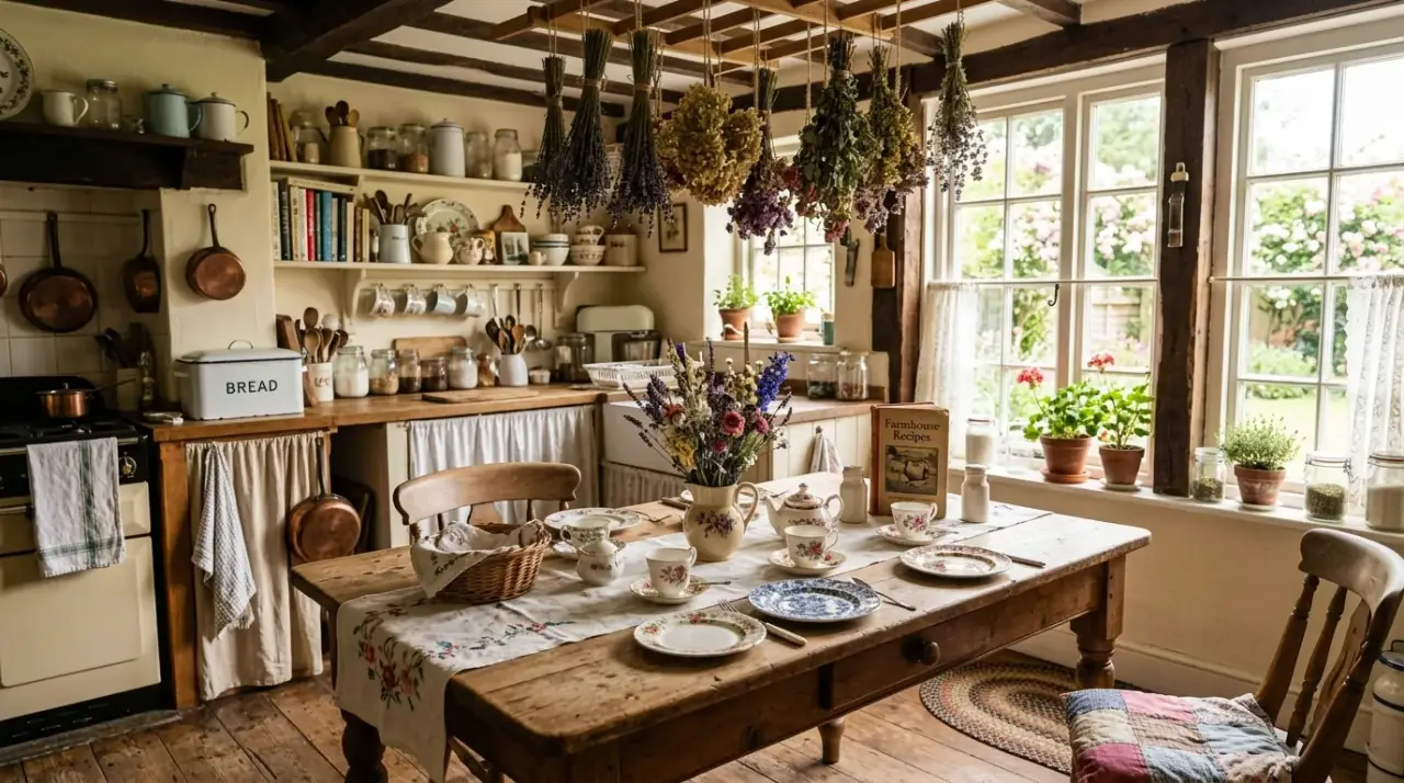 Wood furniture in grandmacore kitchen. Freestanding pieces adding familiar warmth to a vintage-style kitchen.