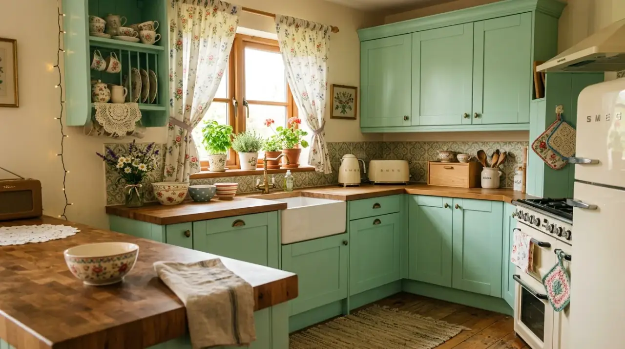 Soft textiles in grandmacore kitchen. Linen and lace details creating a cozy nostalgic kitchen atmosphere.