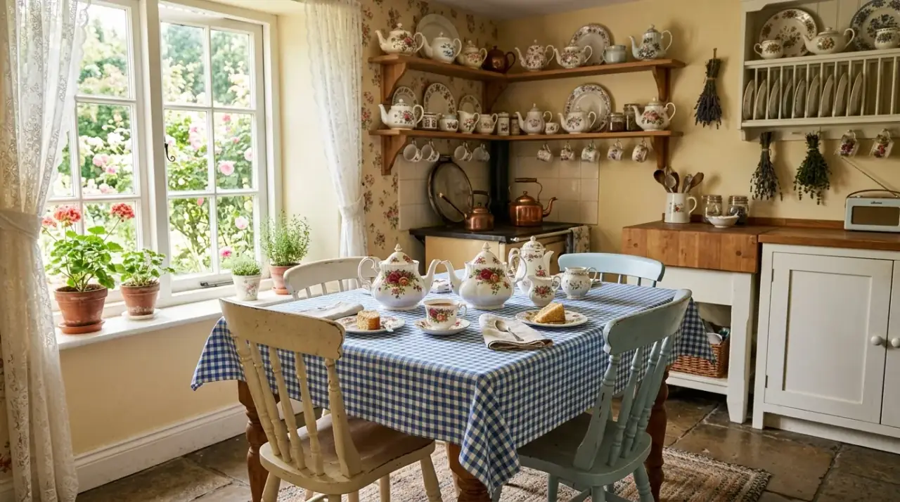 Crocks and baskets in grandmacore kitchen. Useful vintage-style containers adding comfort and warmth to the kitchen.