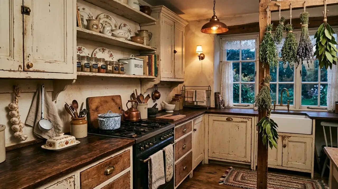 Table corner in grandmacore kitchen. A cozy seating area supporting warm daily routines in the kitchen.