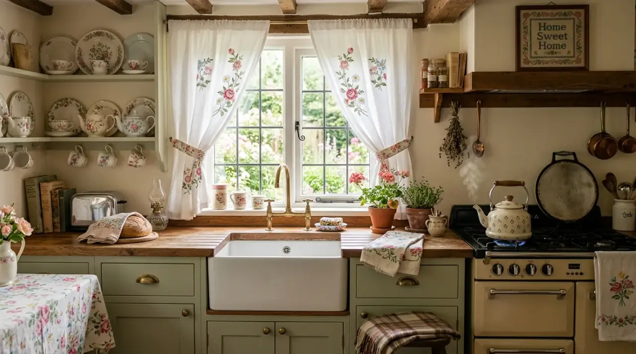 Wallpaper in grandmacore kitchen. Gentle patterned walls adding vintage charm and softness to the room.
