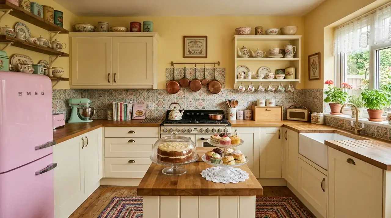 Artwork in grandmacore kitchen. Framed vintage-style pieces adding personality to a cozy kitchen.