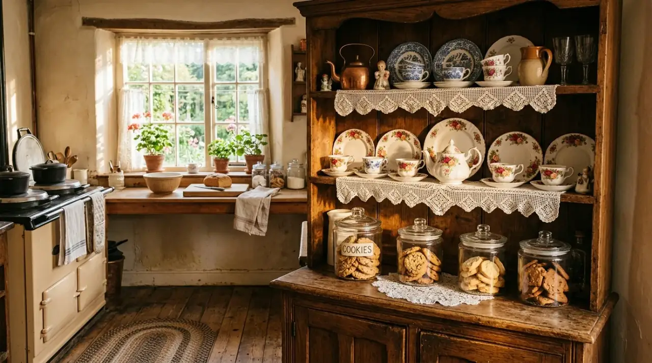 Warm lighting in grandmacore kitchen. Soft illumination deepening the nostalgic comfort of the kitchen.