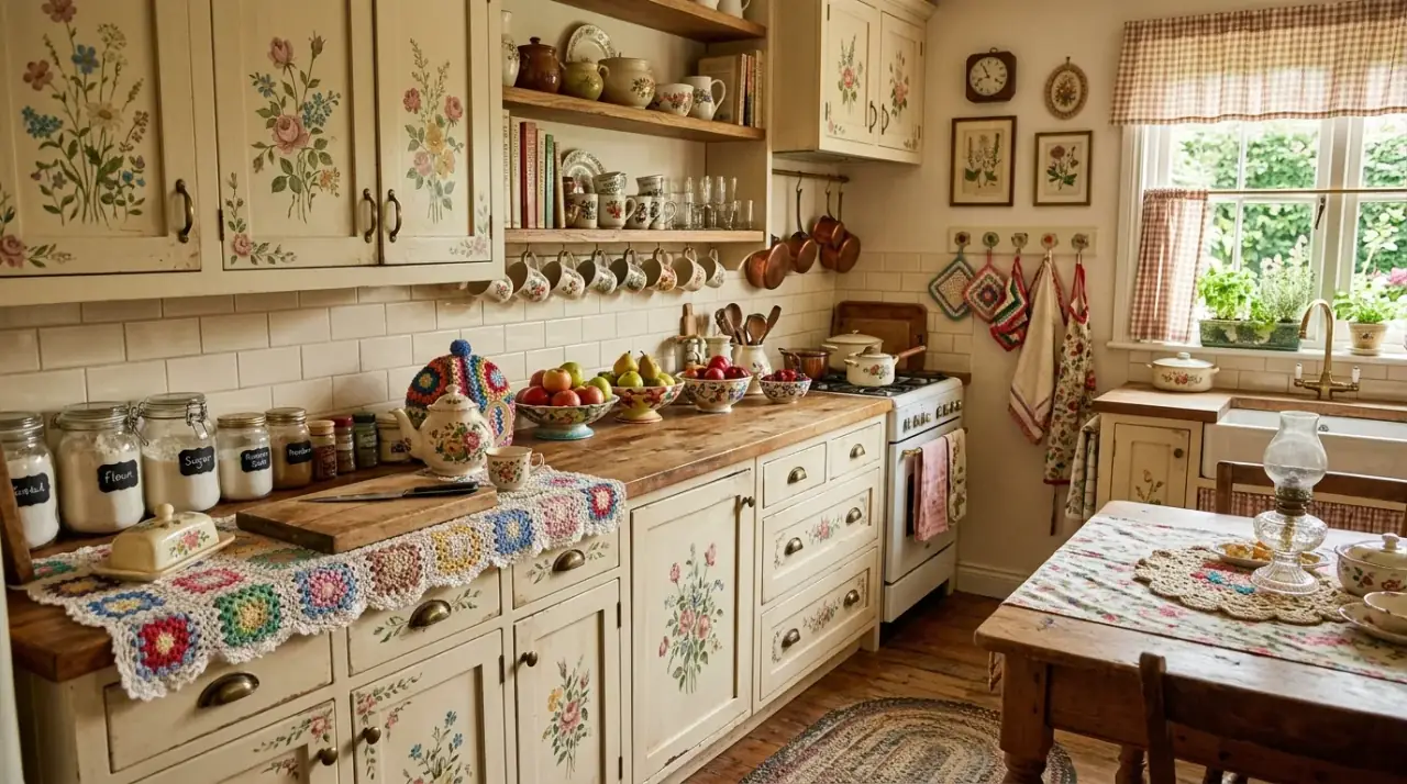 Collected decor in grandmacore kitchen. Meaningful vintage-style objects creating a more genuine cozy kitchen mood.