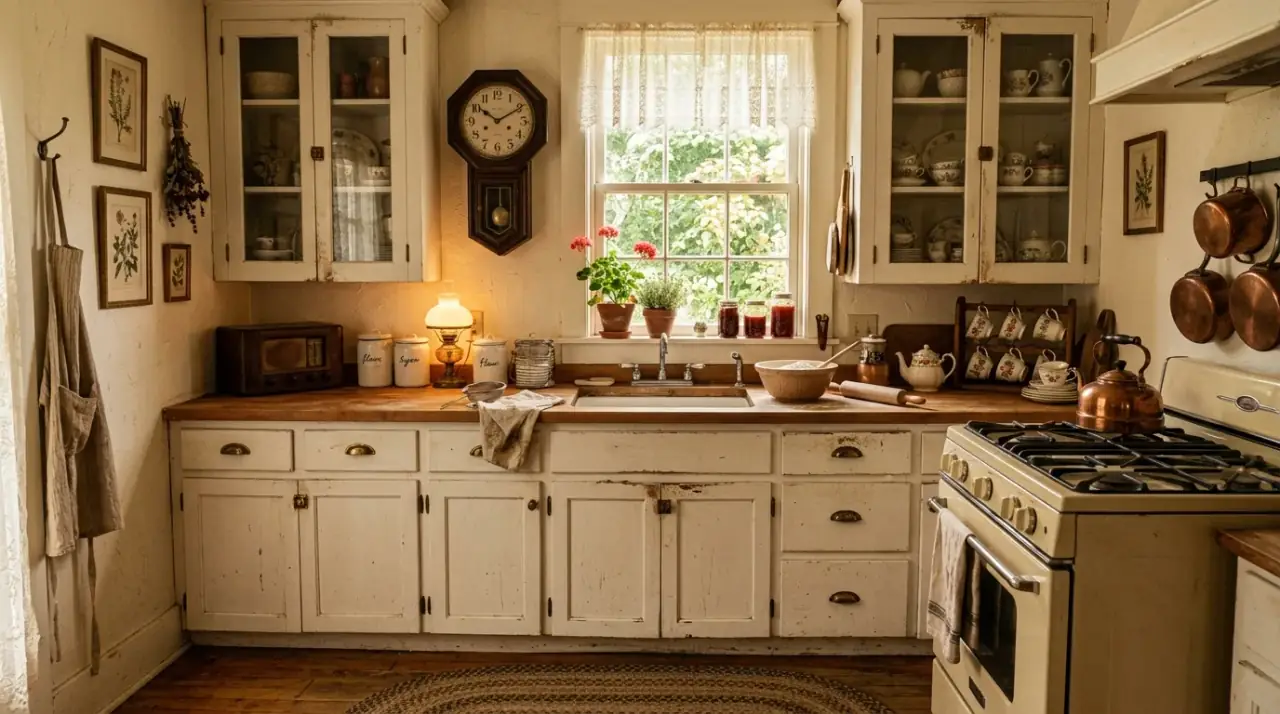 Grandmacore kitchen designed around comfort. Cozy vintage kitchen decor built from warmth, memory, and soft everyday detail.