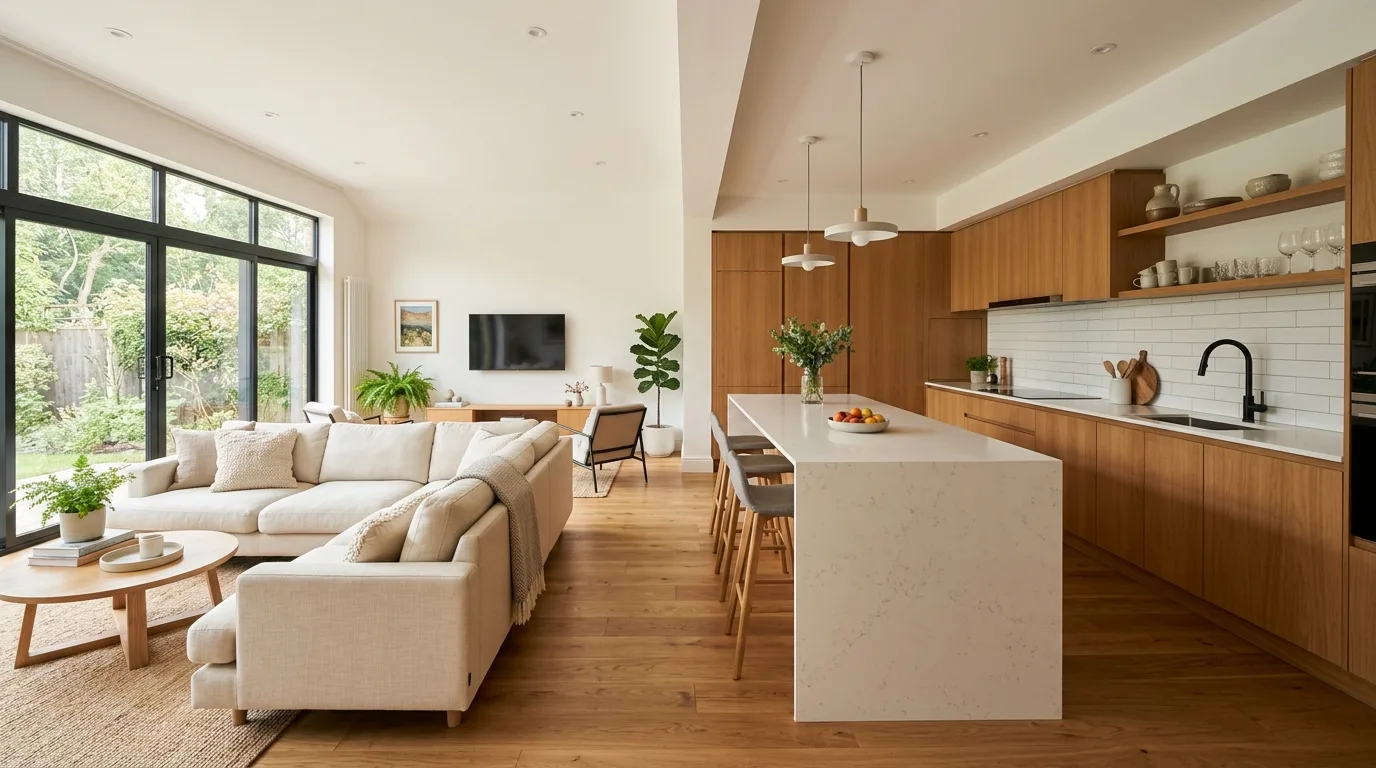 Open modern kitchen layout designed for stylish open-concept living and flow.