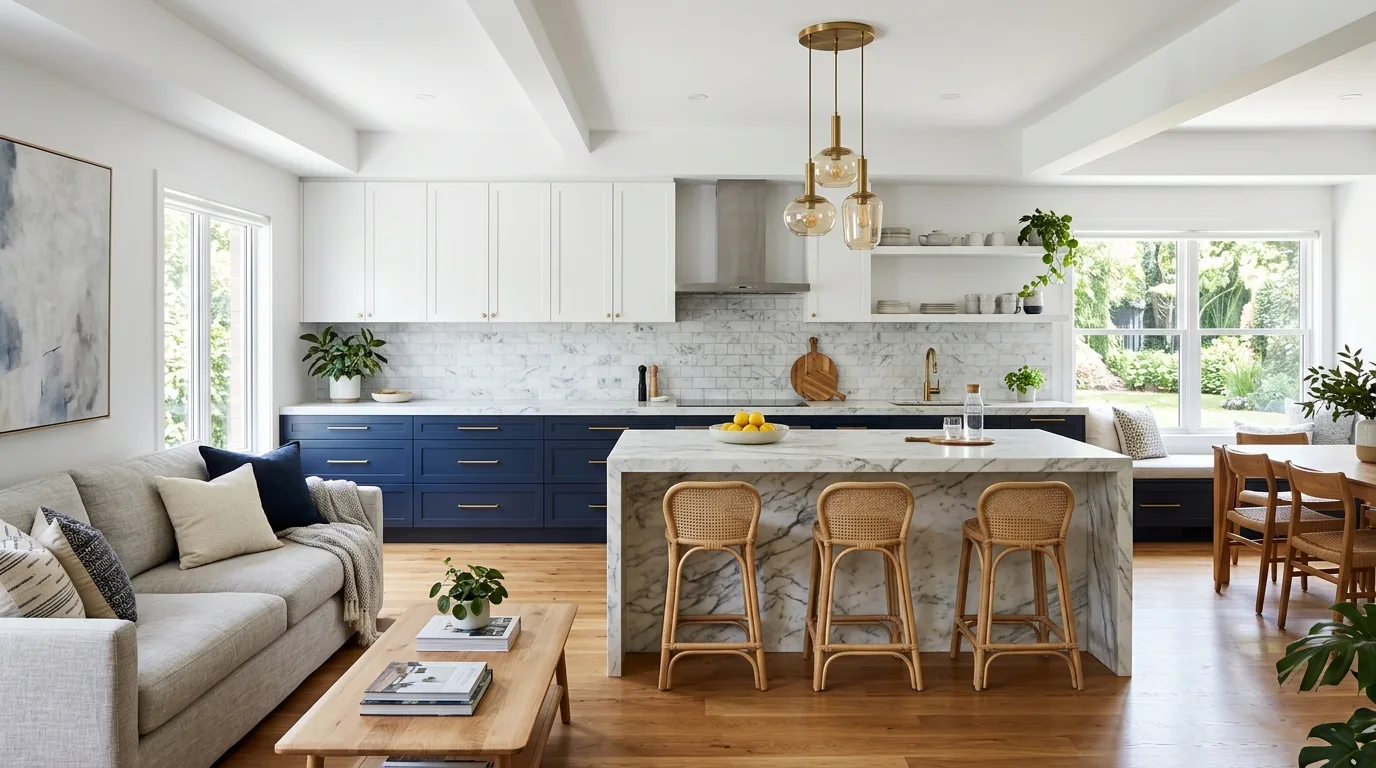 L-shaped open-concept kitchen layout. Modern kitchen opening naturally into dining and living space.