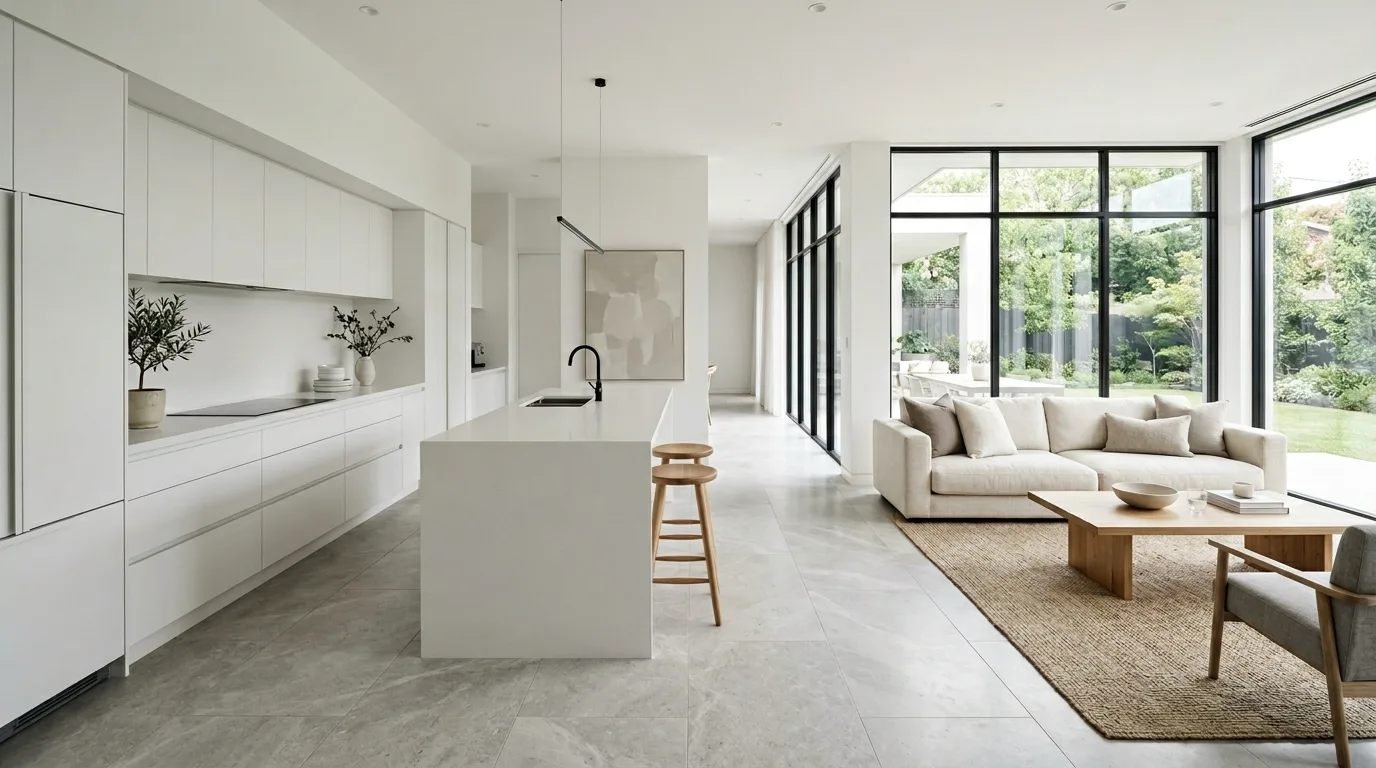 Hidden storage wall in open modern kitchen. Open-plan layout with sleek integrated cabinetry and calm visuals.