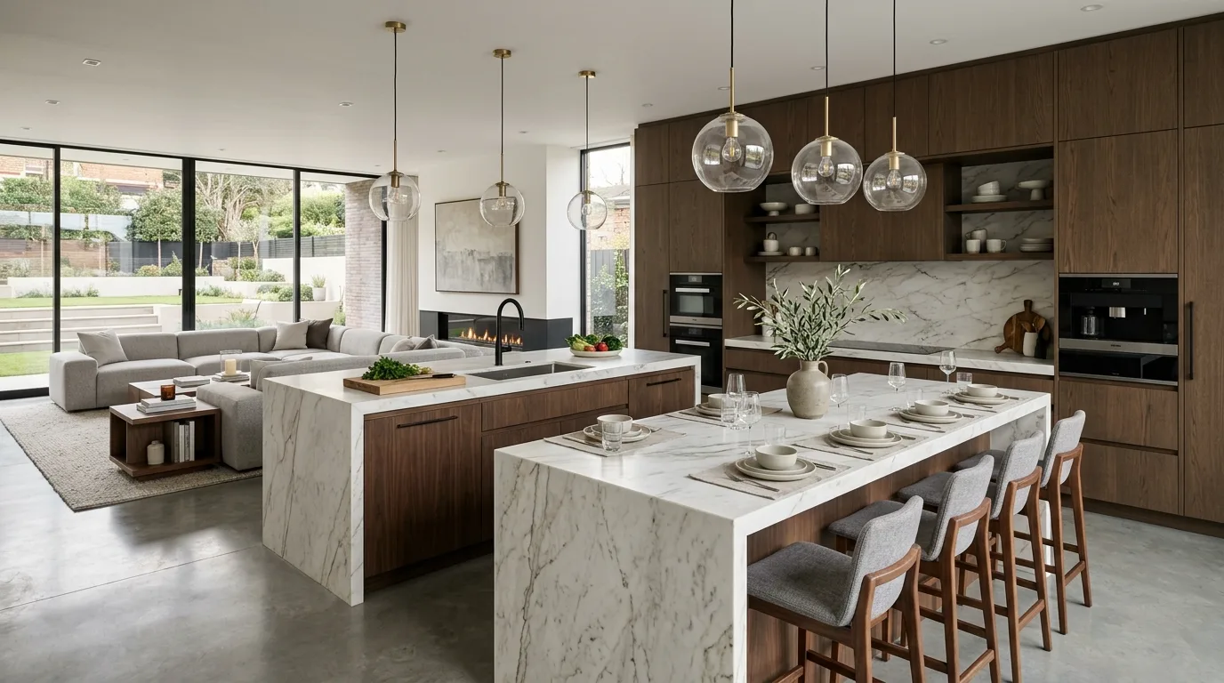 Double island open kitchen layout. Large open-concept kitchen with layered functional zoning.