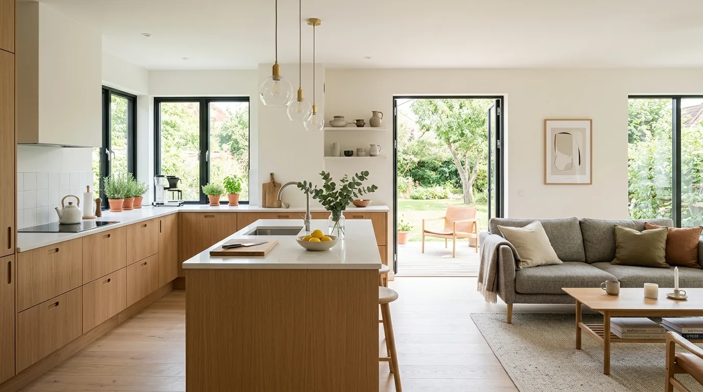 Open kitchen and living room with matching materials. Unified modern open-concept design with connected surfaces and finishes.