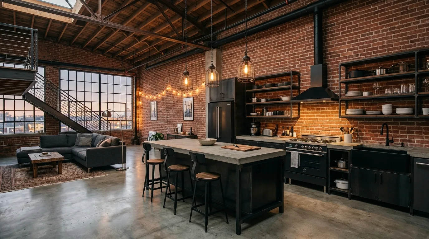 Galley-style open kitchen with island. Compact efficient layout adapted for open-concept living.
