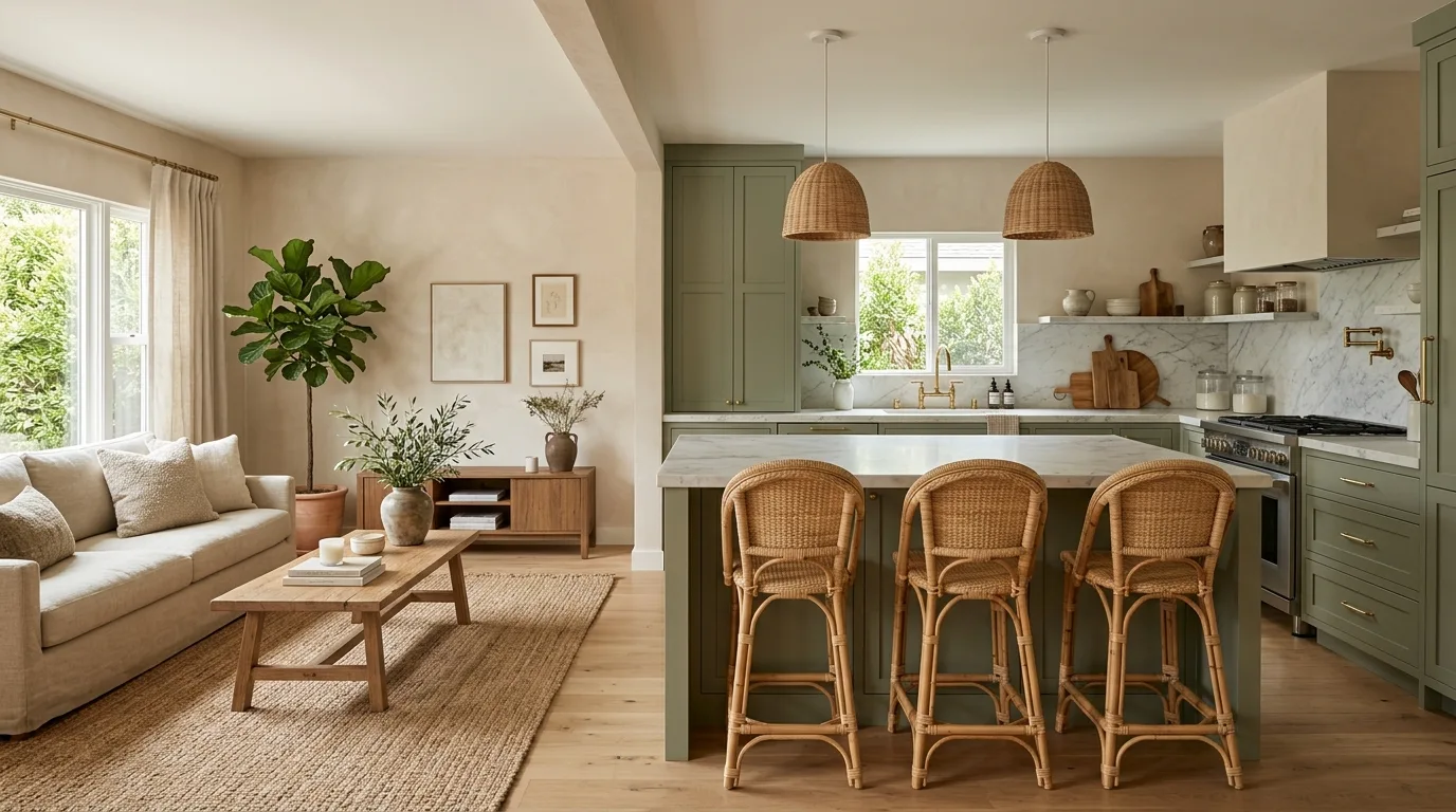 Outward-facing island seating in open kitchen. Social modern layout connecting kitchen and living room.