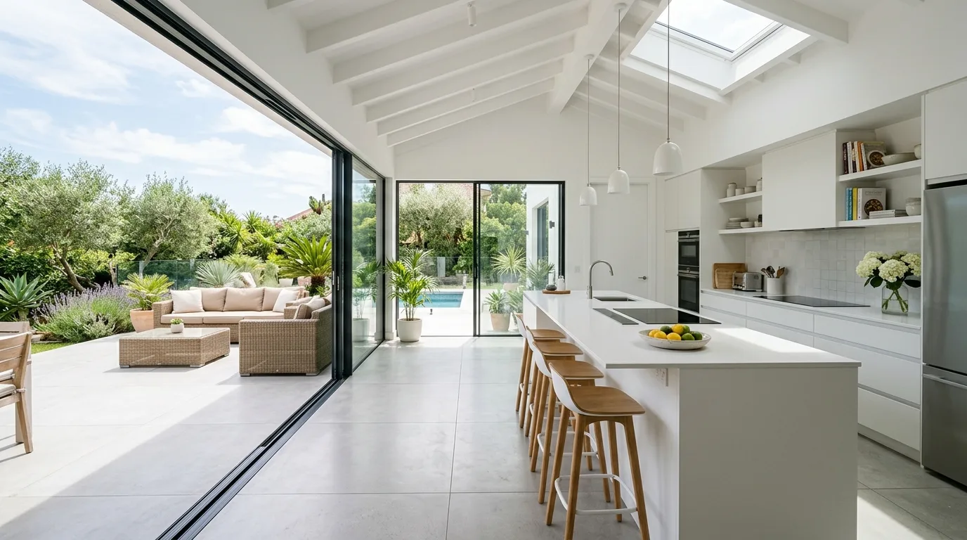 Lighting defining open modern kitchen zone. Open-concept layout organized through layered contemporary illumination.