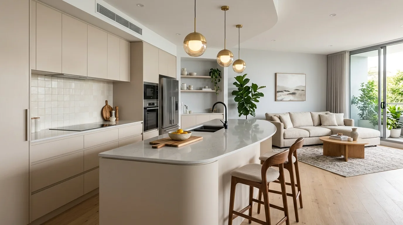 Low-clutter open kitchen layout. Cleaner sightlines improving modern open-concept living.