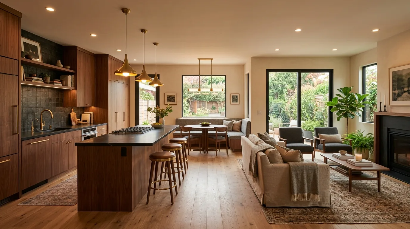 Open kitchen layout with clear circulation. Modern shared living space protected by smart walkway planning.