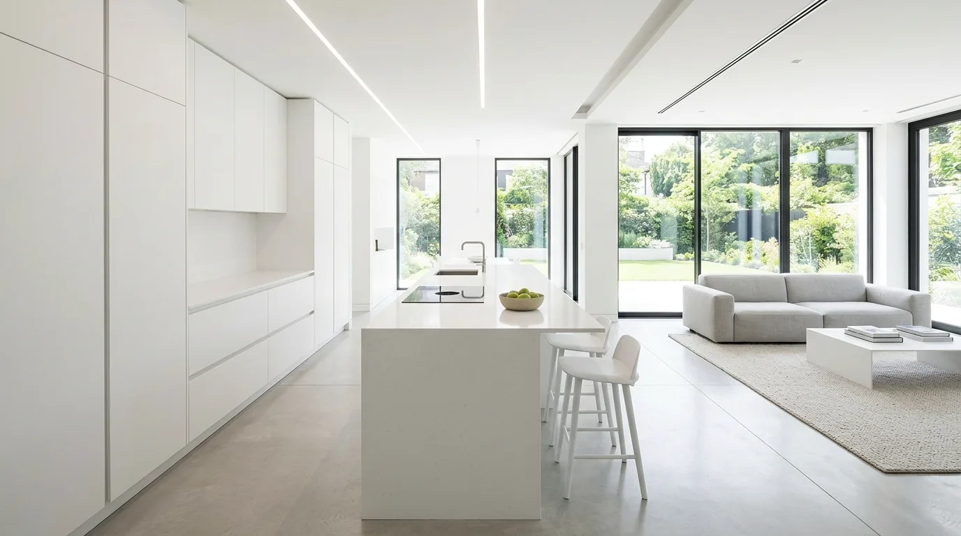 Warm material open-concept kitchen. Modern layout softened by natural surfaces and gentle tones.