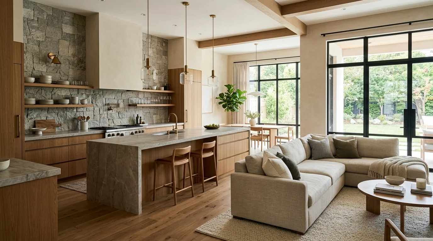 Open kitchen styled to match living room. Connected design language across modern open-concept spaces.