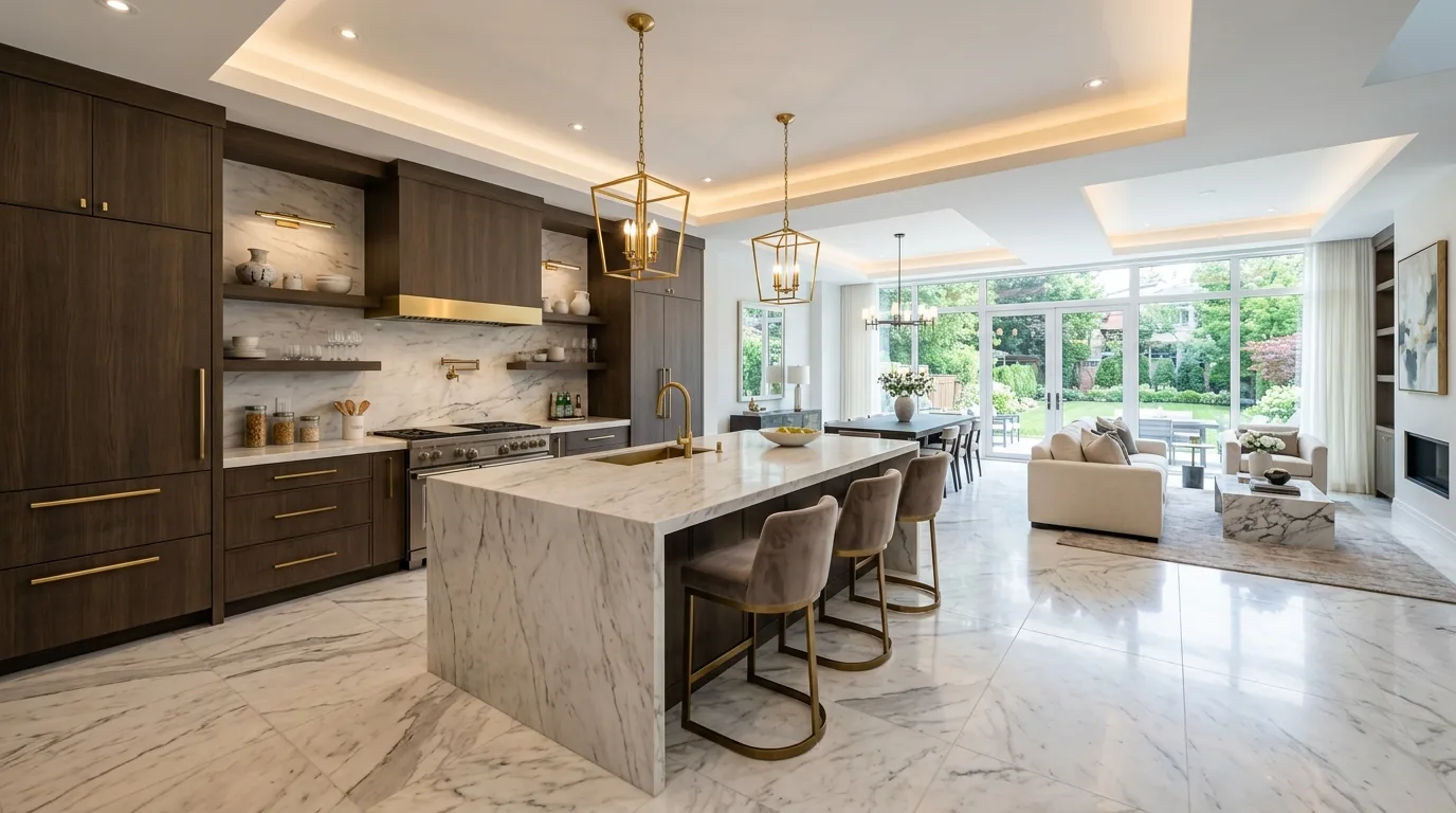 Open kitchen designed for gathering and flow. Modern layout balancing social life and practical cooking zones.