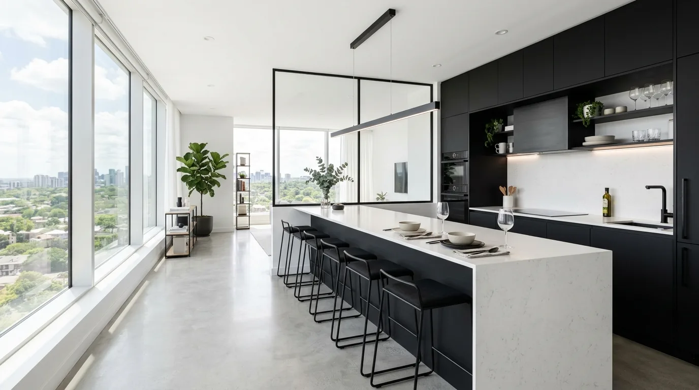 Kitchen anchoring open-concept living plan. Well-planned modern layout creating unity across shared spaces.