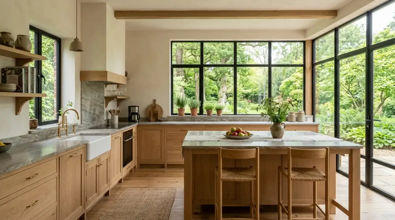 Organic nature-inspired kitchen with wood, stone, muted tones, and a calm restorative atmosphere.