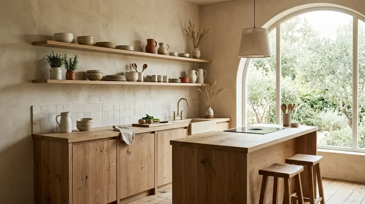 Earth-tone kitchen palette. Soft green and clay tones shaping a calm organic kitchen.