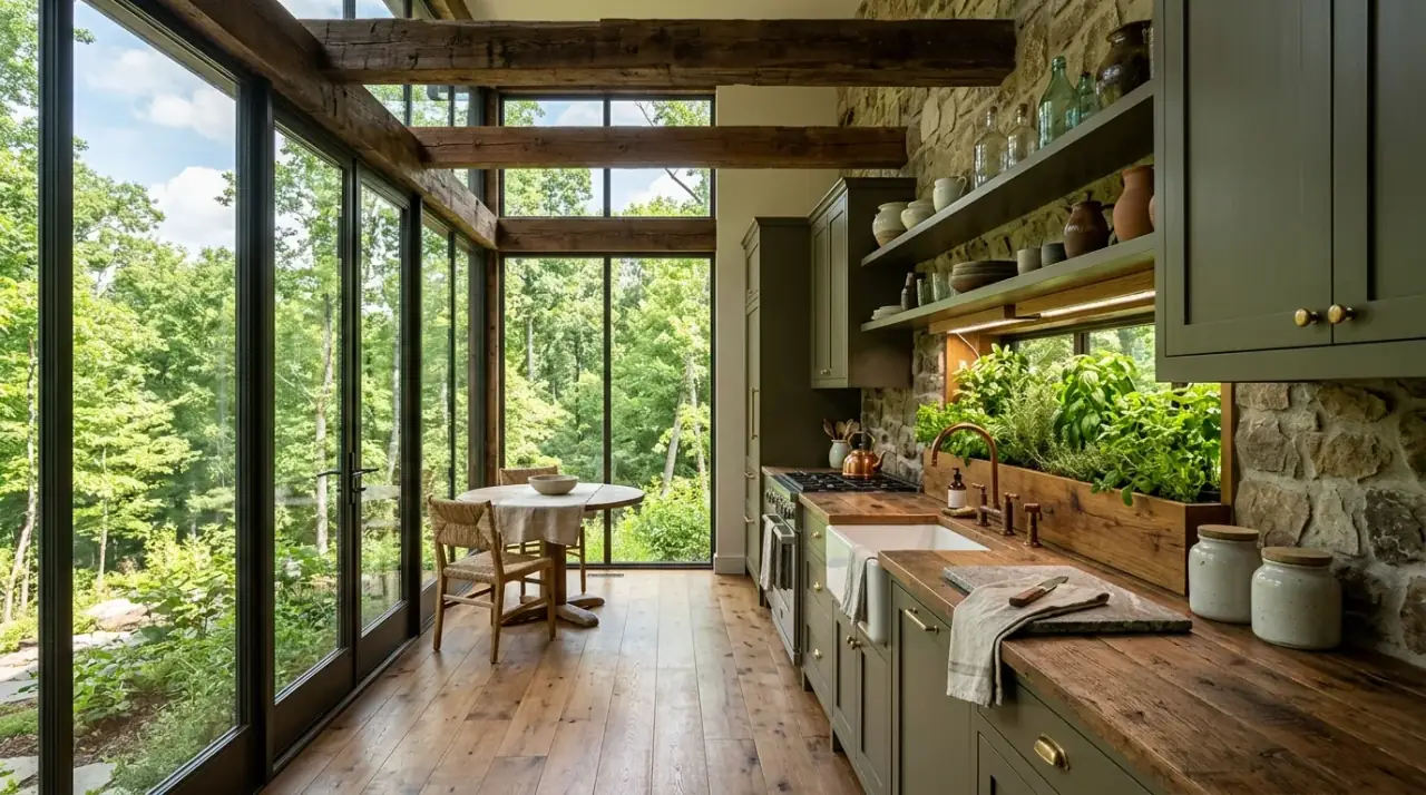 Shelves in organic kitchen. Pottery and plants displayed on shelves in a calm nature-inspired kitchen.