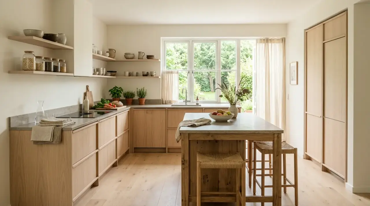 Woven organic kitchen. Natural woven accents softening a quiet organic kitchen interior.