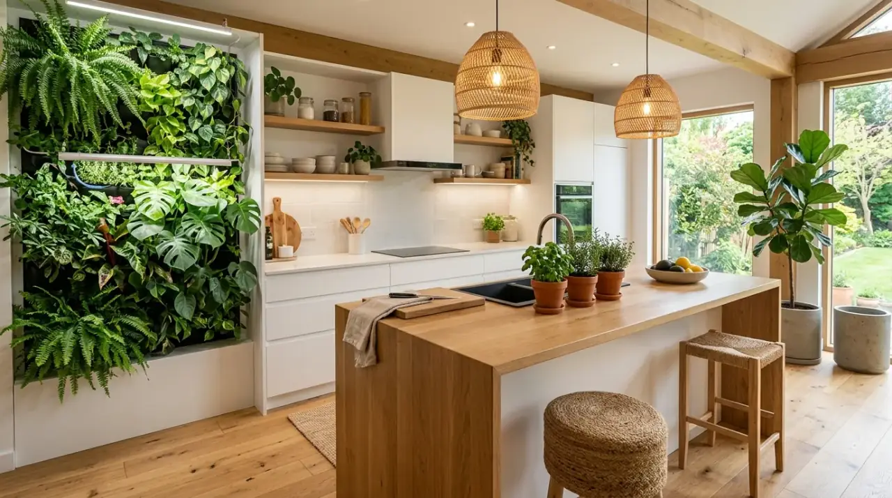 Sunlit organic kitchen. Natural daylight enhancing the materials and calm mood of the kitchen.