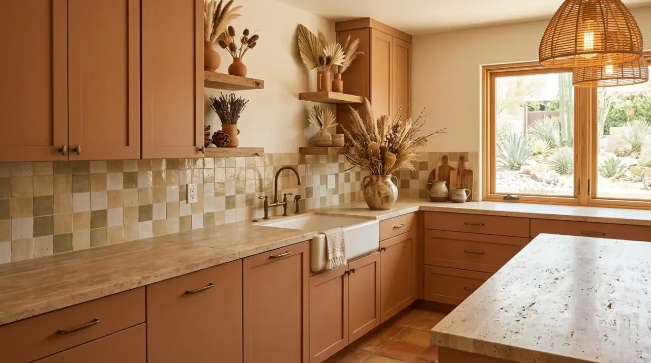 Matte organic kitchen finishes. Low-sheen materials reinforcing a soft natural kitchen aesthetic.