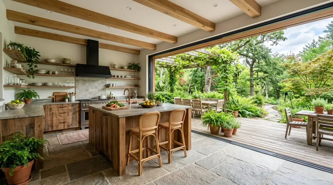 Plants in organic kitchen. Carefully placed greenery supporting a calm natural kitchen mood.