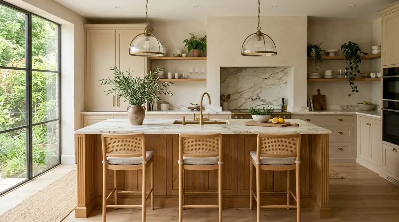 Clay and linen kitchen accents. Natural textiles and ceramics enriching a calm kitchen palette.