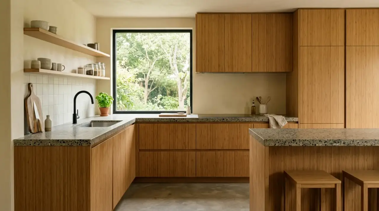 Organized organic kitchen. Concealed storage preserving calm in a nature-inspired kitchen.