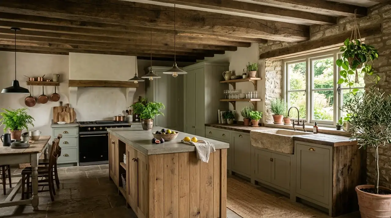 Collected organic kitchen. Natural layered kitchen design that feels gathered rather than staged.