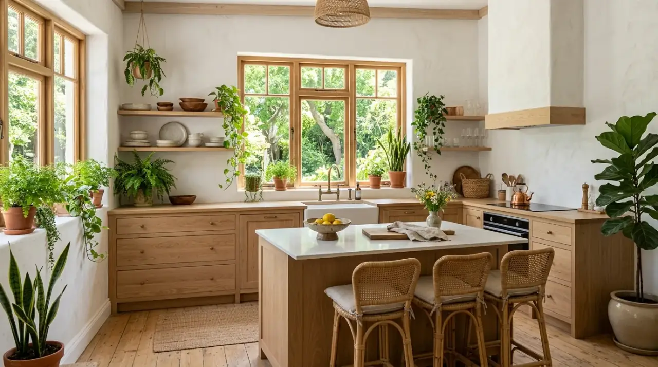 Organic kitchen overview. Nature-inspired kitchen balancing calm materials with everyday function.
