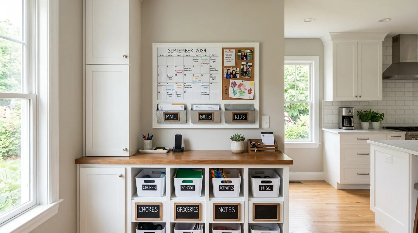 Organized kitchen command center with family planning storage and tidy daily essentials.