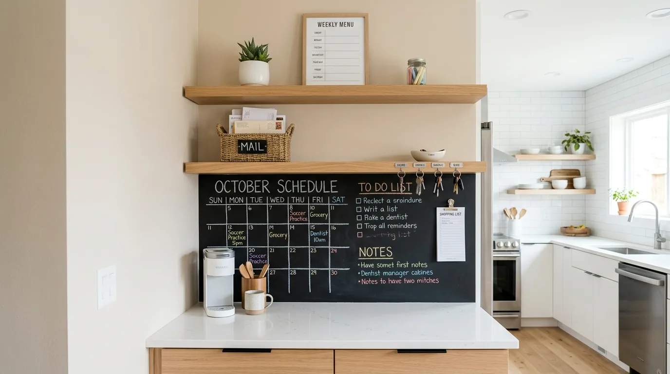Built-in desk nook in kitchen command center. Family admin zone integrated into a tidy kitchen.
