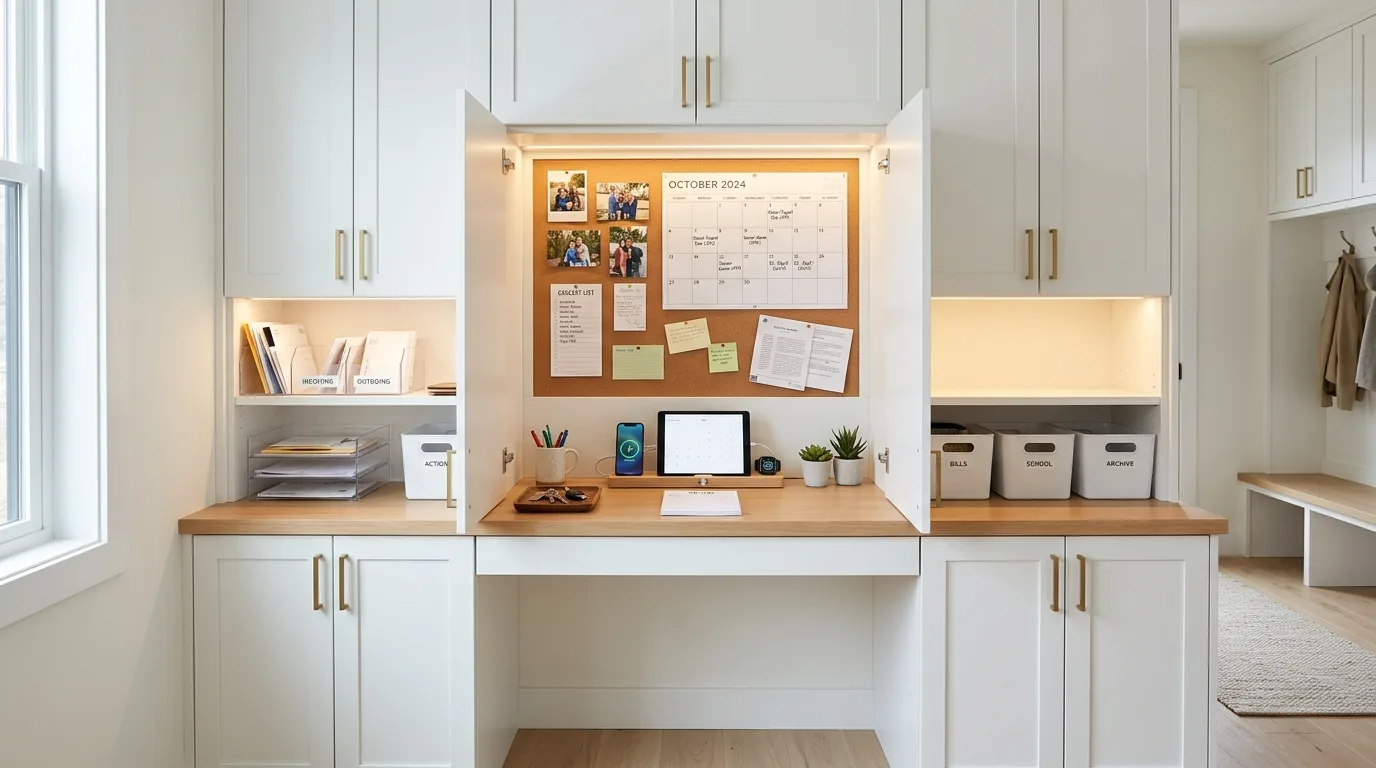 Mail sorter kitchen command center. Labeled slots for organizing family papers and post.