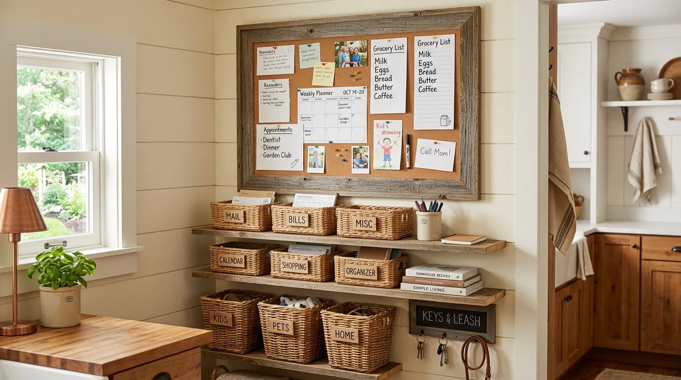 Charging drawer in kitchen command center. Hidden device storage for a tidy family kitchen hub.