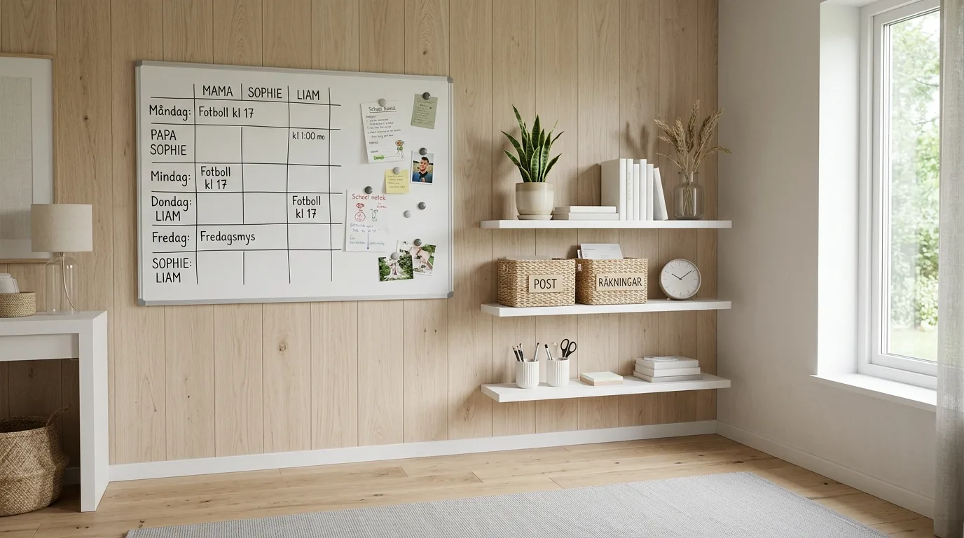 Peg rail in organized kitchen hub. Storage for keys, bags, and daily family essentials.