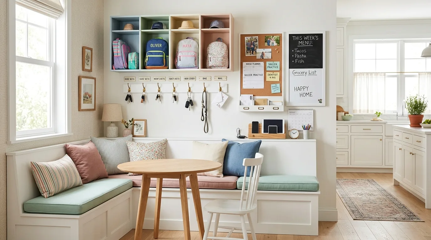 Hidden paperwork cabinet in kitchen command center. Organized office supplies stored discreetly in family hub.