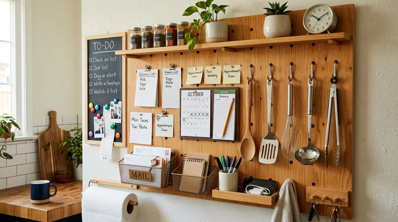 Kitchen command shelf with baskets. Layered family hub storage with tidy practical organization.