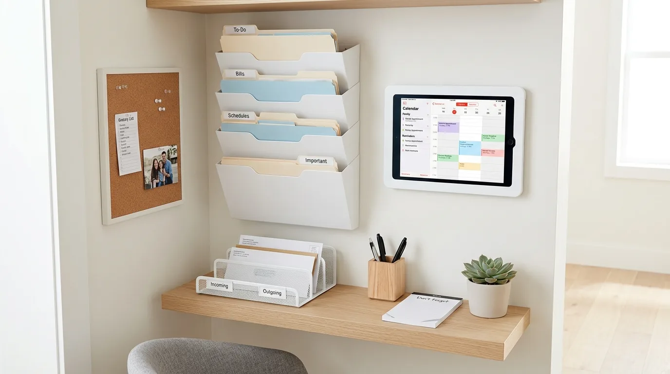 Cork and magnetic board in kitchen command center. Flexible note and paper organization for family life.