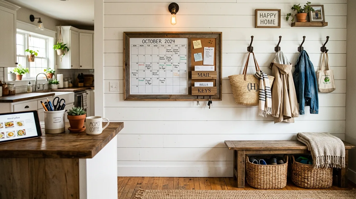Homework corner in kitchen command center. Tidy family hub with organized study support area.